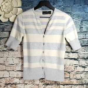 Kersh | Gypsy Boho Gray White Stripe Retro Style Career Wear Cardigan Sweater